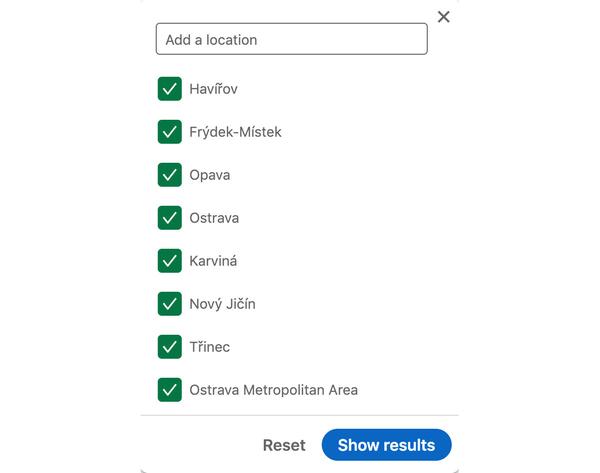 LinkedIn - výběr lokality