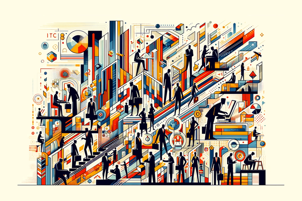 DALL·E 2024-04-09 11.25.28 - Visualize an abstract modernist depiction of a bustling, innovative job market based on the text describing